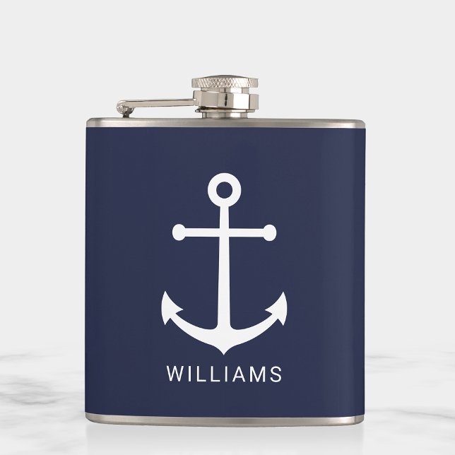 Nautical Navy Blue Anchor with Custom Name Hip Flask (Creator Uploaded)