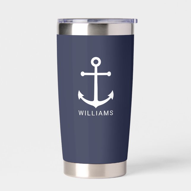 Nautical Navy Blue Anchor with Custom Name Insulated Tumbler (Left)