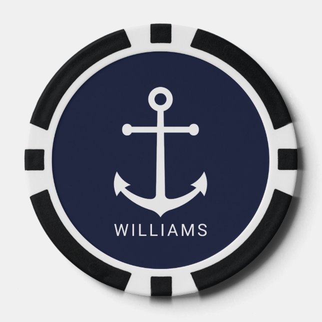 Nautical Navy Blue Anchor with Custom Name Poker Chips (Front)