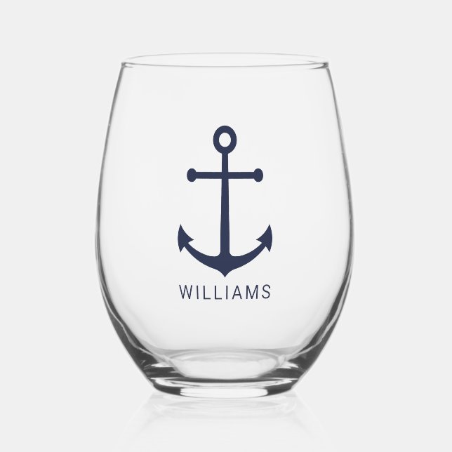Nautical Navy Blue Anchor with Custom Name Stemless Wine Glass (Front)