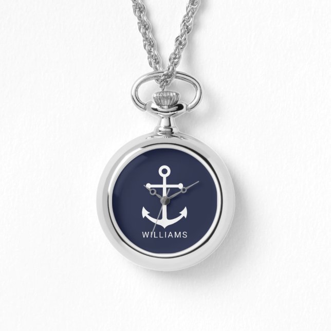 Nautical Navy Blue Anchor with Custom Name Watch (Front)