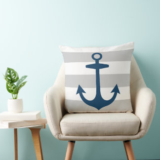 Nautical Navy Blue Anchor with Grey Stripes Cushion