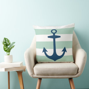 Nautical Navy Blue Anchor with Mint Green Stripes Cushion