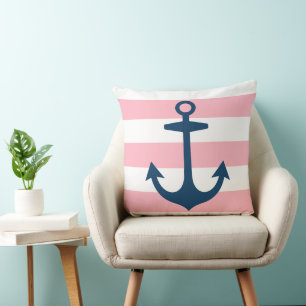 Nautical Navy Blue Anchor with Pink Stripes Cushion