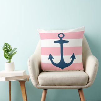 Nautical Navy Blue Anchor with Pink Stripes Cushion