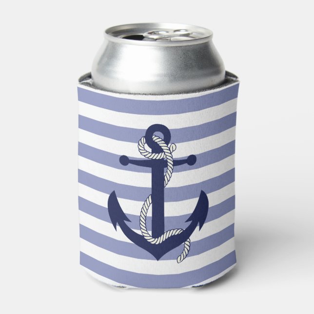 Nautical navy blue anchor with rope/blue stripe can cooler (Can Front)