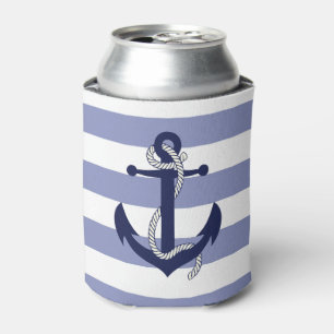 Nautical navy blue anchor with rope/blue stripe can cooler