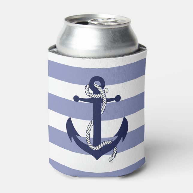 Nautical navy blue anchor with rope/blue stripe can cooler (Can Front)