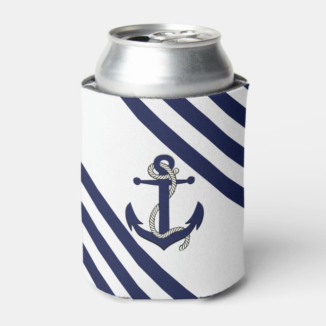 Nautical navy blue anchor with rope/blue stripe can cooler (Can Front)