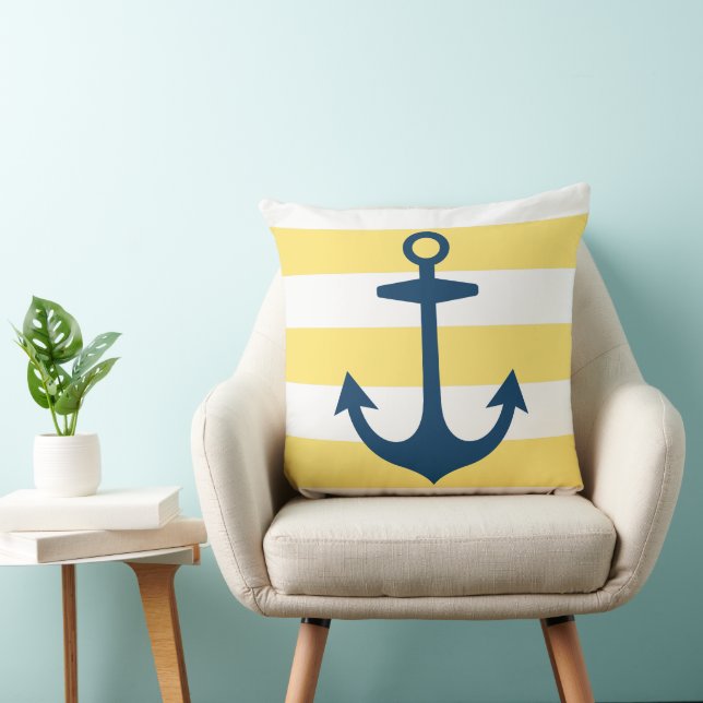 Nautical Navy Blue Anchor with Yellow Stripes Cushion (Chair)