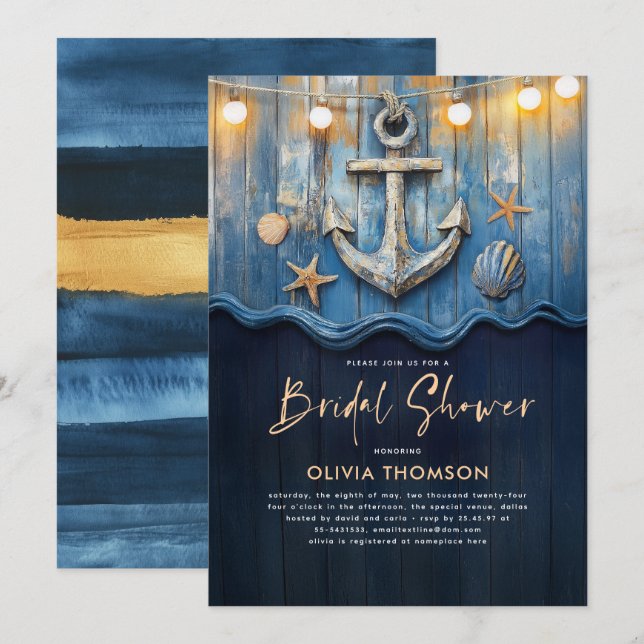 Nautical Navy Blue and Gold Anchor Bridal Shower Invitation (Front/Back)