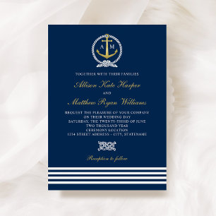 Nautical Navy Blue and Gold Anchor Wedding Invitation