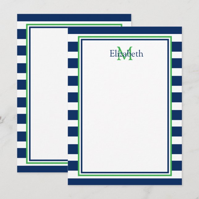 Nautical Navy Blue and Green Stripe Monogram Card (Front/Back)