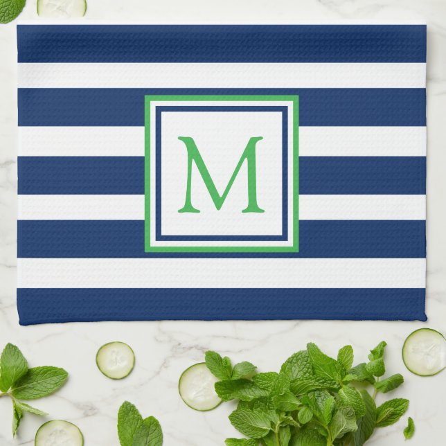 Nautical Navy Blue and Green Stripe Monogram Tea Towel (Folded)