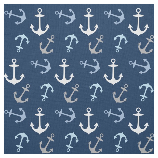 Nautical Navy Blue and Grey Anchors Pattern Fabric (Swatch)