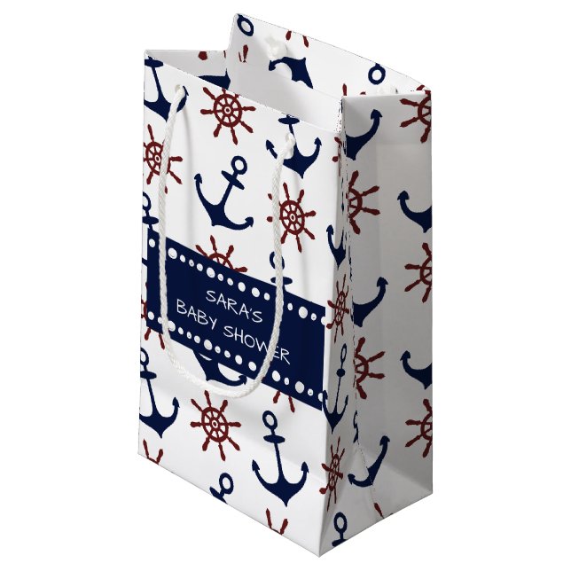 Nautical Navy Blue and red Anchor rudder pattern Small Gift Bag (Front Angled)