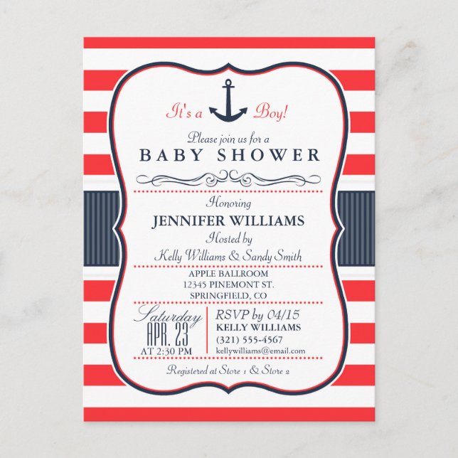 Nautical Navy Blue and Red Baby Shower Invitation (Front)