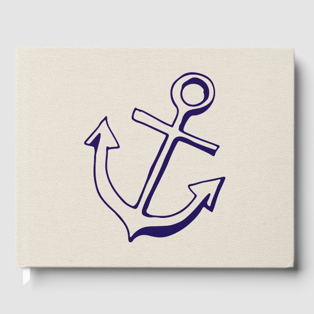 Nautical Navy Blue And Tan Wedding Ship Anchor Guest Book (Front)
