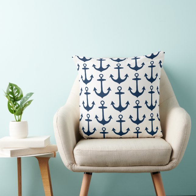 Nautical Navy Blue and White Anchor Pattern Cushion (Chair)