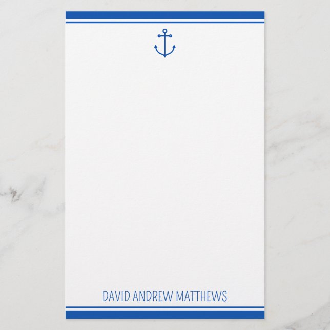 Nautical Navy Blue and White Anchor Personalised Stationery (Front)