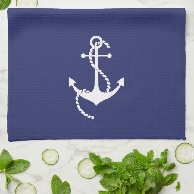 Nautical navy blue and white anchor rope tea towel (Folded)