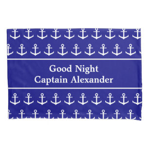 Nautical Navy Blue and White Anchors and Name Pillowcase