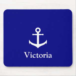 Nautical Navy Blue and White Name Text with Anchor Mouse Mat