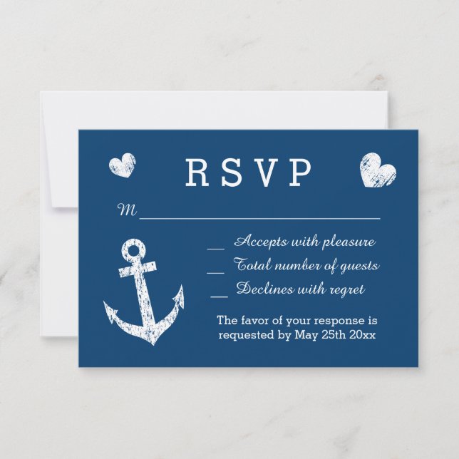 Nautical navy blue and white RSVP wedding cards (Front)