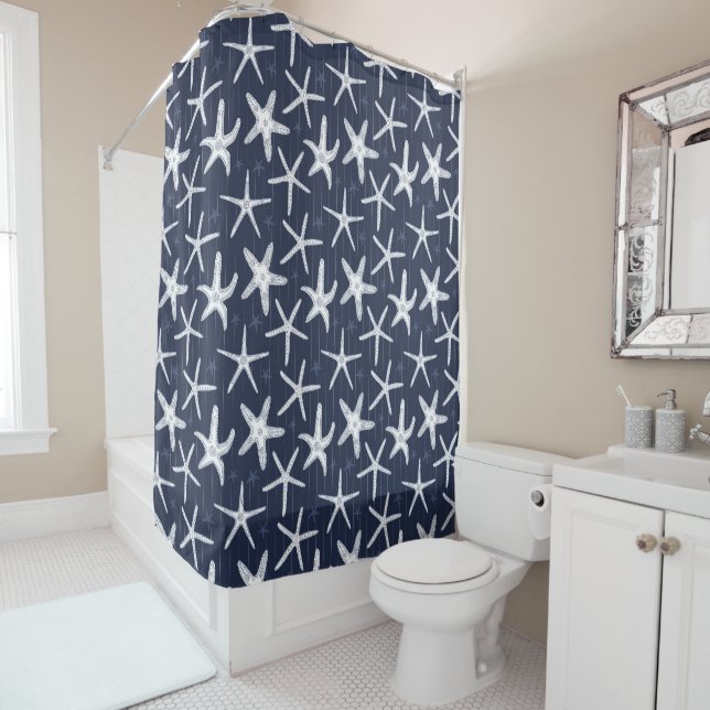 Nautical Navy Blue and White Sea Star Starfish Shower Curtain (In Situ)