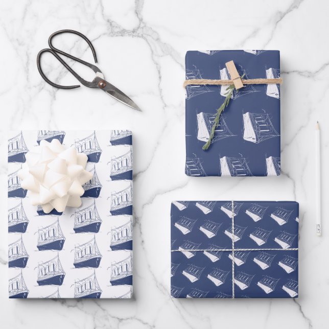 Nautical Navy Blue and White Ship Sailing Boat  Wrapping Paper Sheet (Front)