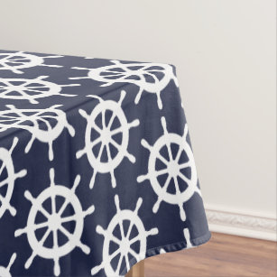 Nautical navy blue and white ship wheel tablecloth