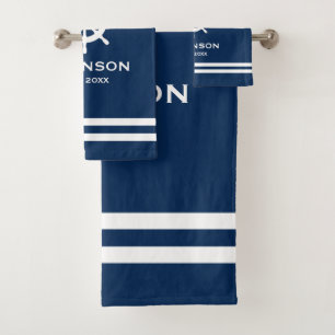Nautical navy blue and white stripe custom name bath towel set
