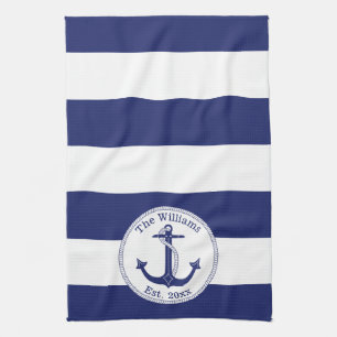 Nautical Navy Blue and White Striped Tea Towel