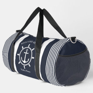 Nautical Navy blue and white striped with Anchor Duffle Bag