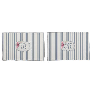 Nautical Navy blue and white striped with Anchor P Pillowcase