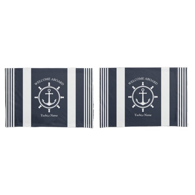 Nautical Navy blue and white striped with Anchor Pillowcase (Front-Set)