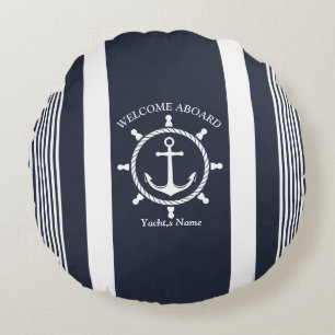 Nautical Navy blue and white striped with Anchor Round Cushion
