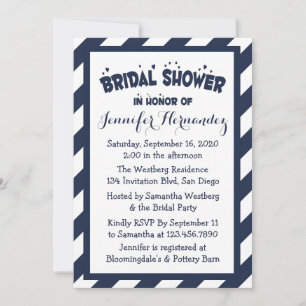 Nautical Navy Blue And White Stripes Bridal Shower Invitation
