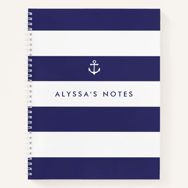 Nautical Navy Blue and White Stripes Notebook (Front)