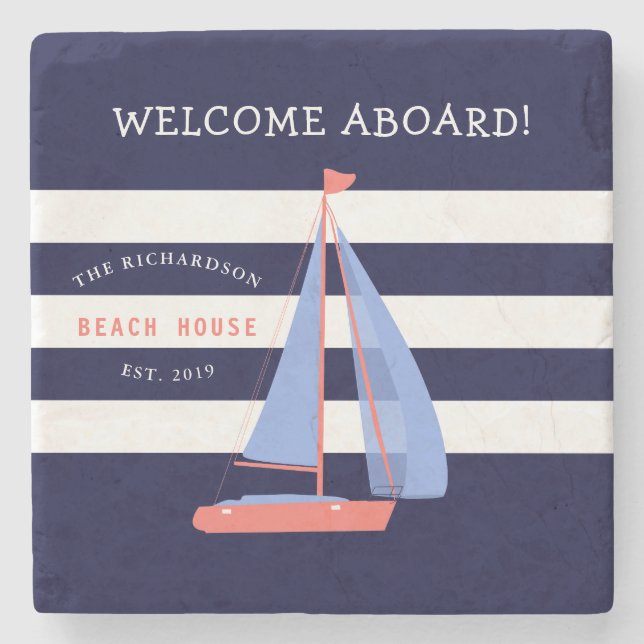 Nautical Navy Blue and White Stripes & Sailboat Stone Coaster (Front)