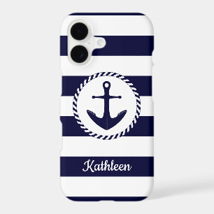 Nautical Navy Blue And White Stripes with Anchor
