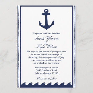 Nautical navy blue and white wedding invitations