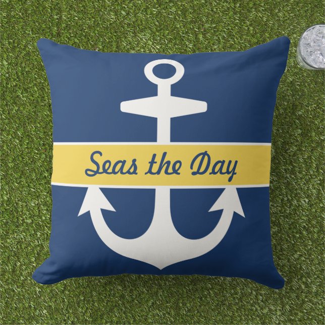 Nautical Navy Blue and Yellow Custom Boat Name Outdoor Cushion (Grass)