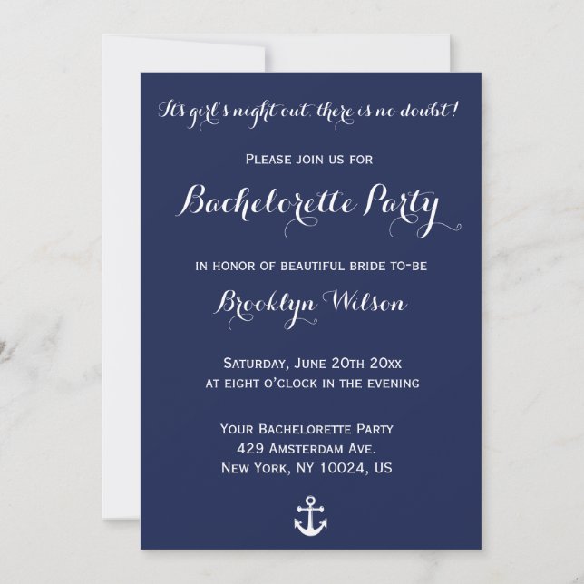 Nautical Navy Blue Bachelorette Party Invitations (Front)