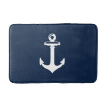 Nautical Navy Blue Bath Mat with White Anchor