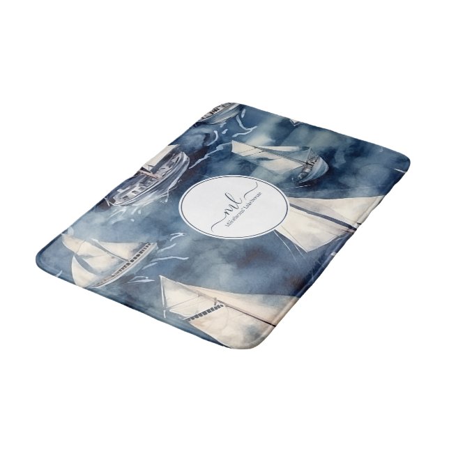 Nautical navy blue boat monogram bath mat (Angled)