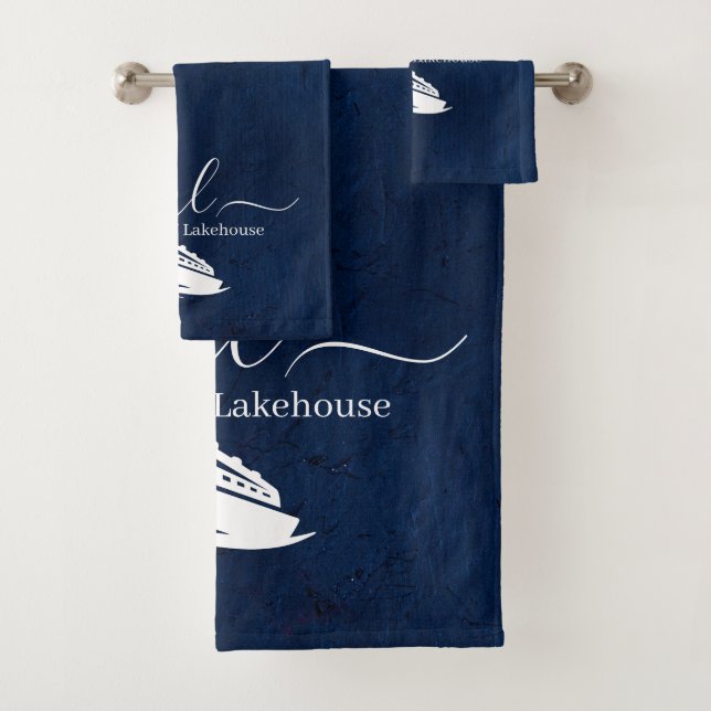 Nautical navy blue boat monogram bath towel set (Insitu)