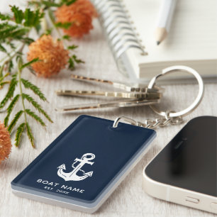 Nautical Navy Blue Boat Name Anchor Key Ring