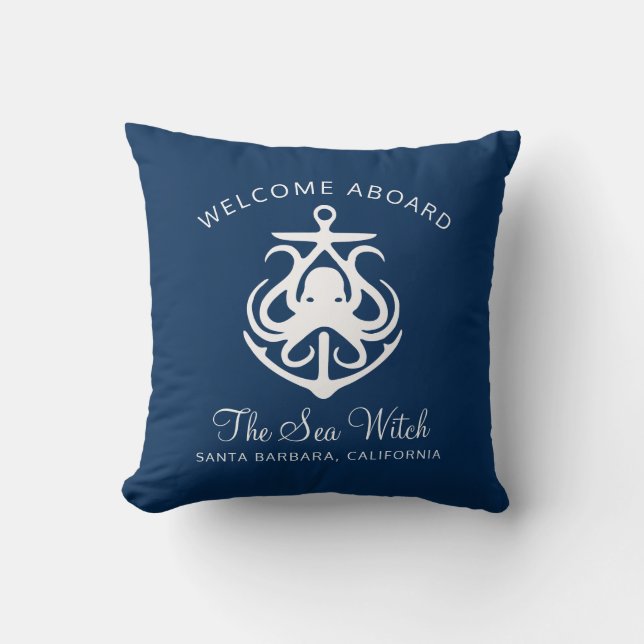 Nautical Navy Blue Boat Name Anchor Octopus Cushion (Front)