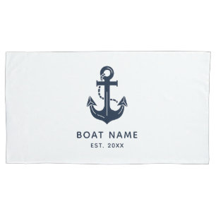 Nautical Navy Blue Boat Name Anchor Pillowcase